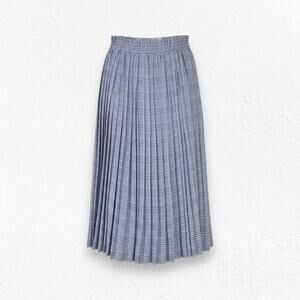 80s Vintage Blue White Plaid Liz Sport Linen Blend Pleated Midi Skirt Size 10